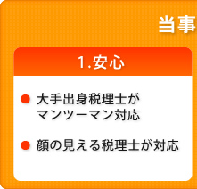 1.安心 大手出身税理士がマンツーマン対応。顔の見える専門の税理士が対応。